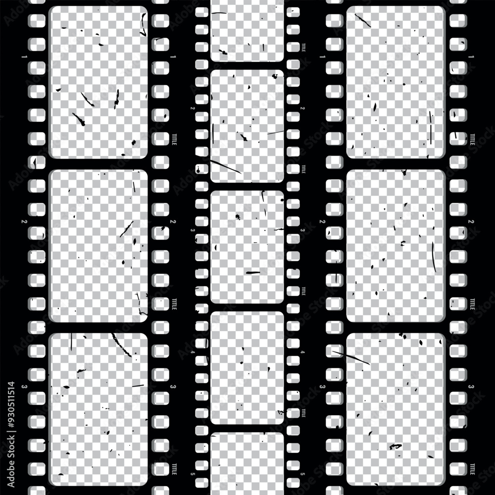 Obraz premium Old retro movie film strip set with grunge texture on transparent background. Film strip frame. Cinema and filmmaking concept. Vector illustration
