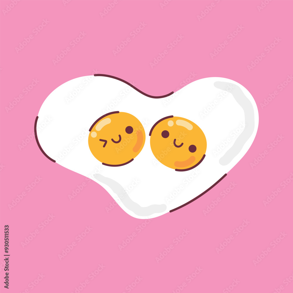 Fototapeta premium Couple of cute yolks in heart shaped fried egg. Happy kawaii cartoon eggs in childish style. Vector illustration