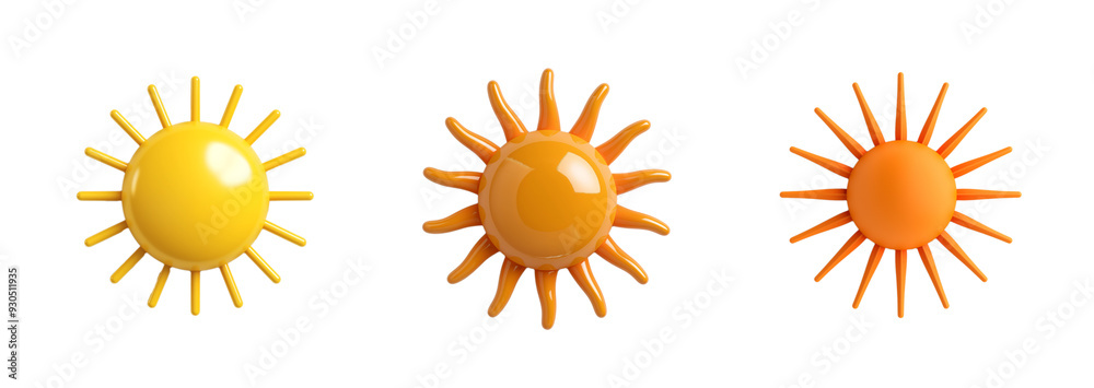 A collection of three stylized sun icons isolated on a transparent background, ideal for summer or vacation themes A collection of three stylized sun icons isolated on a transparent background, ideal for summer or vacation themes