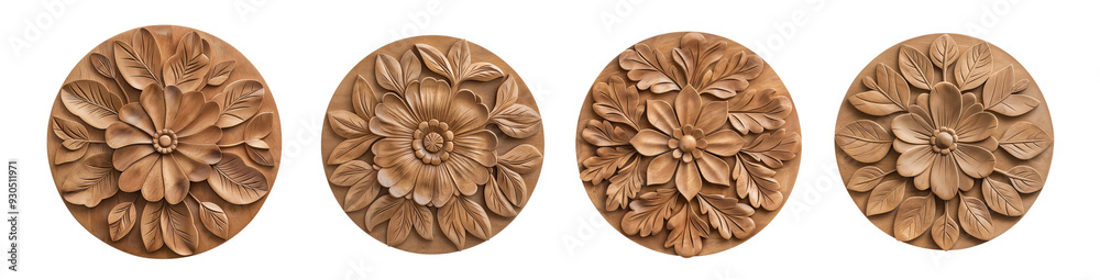 Set of intricately carved wooden floral medallions isolated on a transparent background, ideal for nature-themed decor or Asian arts and crafts