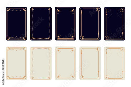 Esoteric magical Tarot cards templates in dark and white colors. Frame border with celestial elements, crescents, stars. Vector illustration