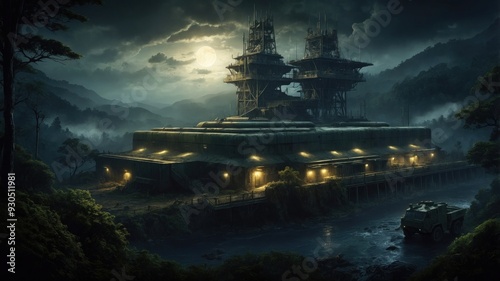 Beautiful game art wallpaper dark military base in night mountains