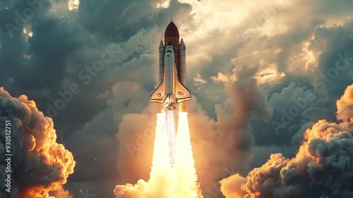 A space shuttle lifts off, surrounded by fiery exhaust and swirling clouds, marking the beginning of its journey into space