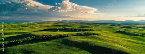 windmills in a green field, aerial view. copy space. green ecology landscape background