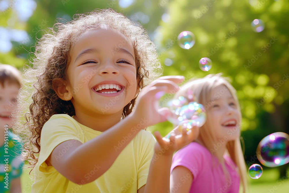 A group of children playing with bubbles in a park, their faces lit up with happiness A group of children playing with bubbles in a park, their faces lit up with happiness
