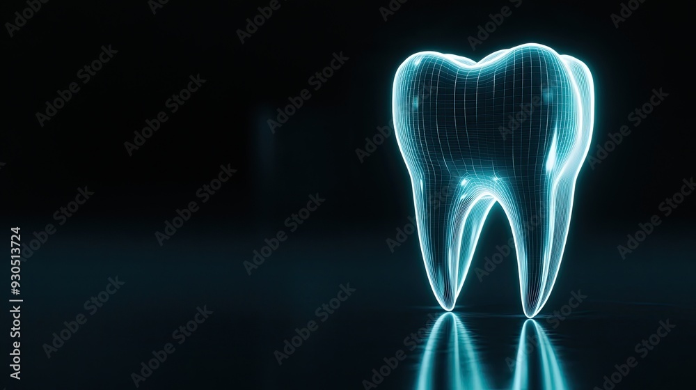A glowing blue holographic representation of a tooth is set against a dark background filled with abstract light effects, illustrating advanced AI design concepts A glowing blue holographic representation of a tooth is set against a dark background filled with abstract light effects, illustrating advanced AI design concepts