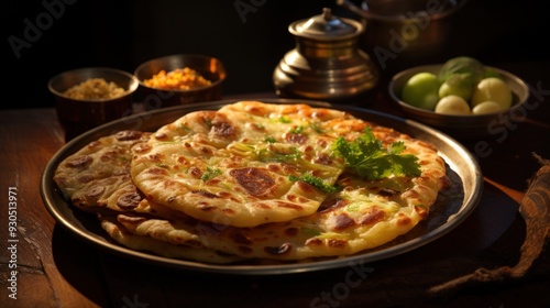 Aloo Paratha with Yogurt, Indian style. Best For Banner, Flyer, and Poster photo