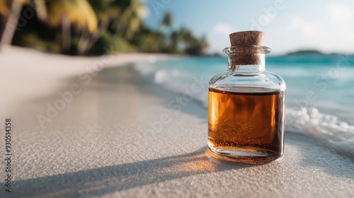 An intricately crafted small glass bottle containing amber liquid rests on the smooth sandy shore, with gentle waves and lush greenery in the tranquil backdrop. photo