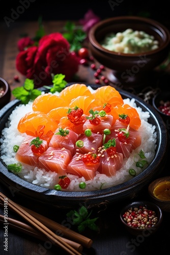 Chirashi Bowl with Fresh Sashim. Best For Banner, Flyer, and Poster photo