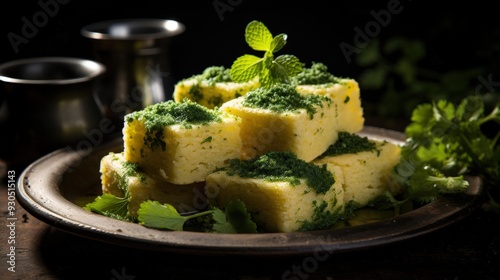 Dhokla with Mint Chutney. Best For Banner, Flyer, and Poster photo