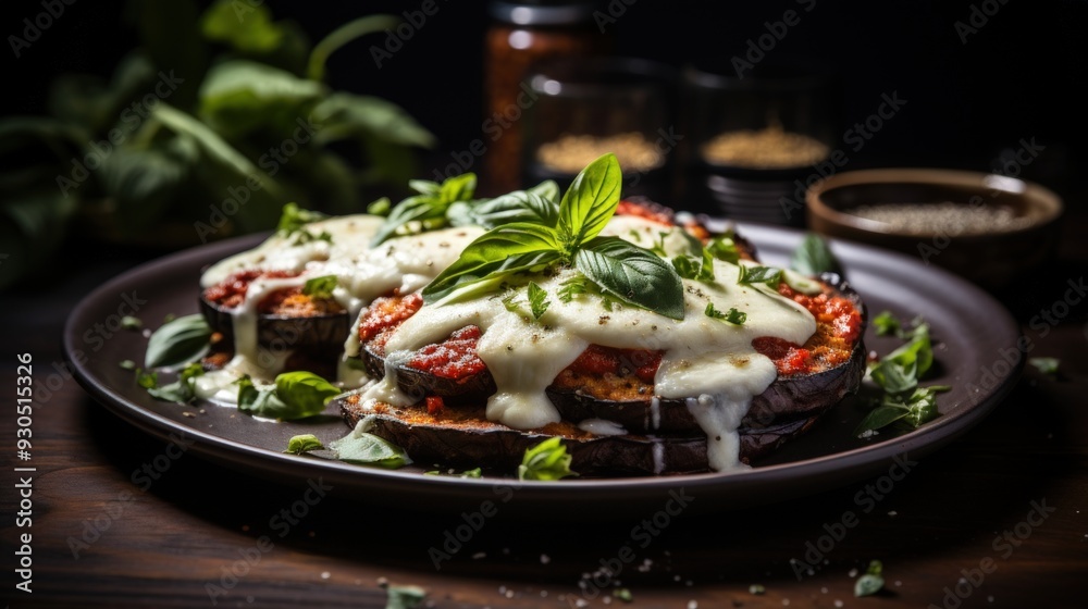 Eggplant Parmesan with Fresh Basil. Best For Banner, Flyer, and Poster Eggplant Parmesan with Fresh Basil. Best For Banner, Flyer, and Poster