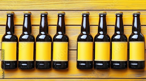 Row of beer bottles with yellow labels on wooden background