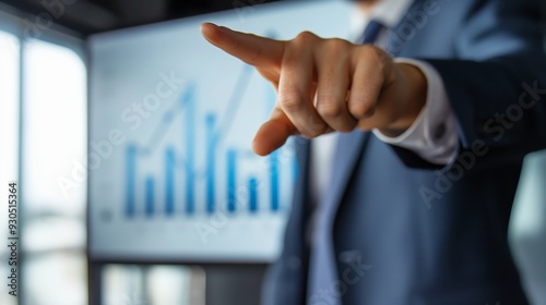 The hand of a business person points a finger at the camera against the background of analytical graphs