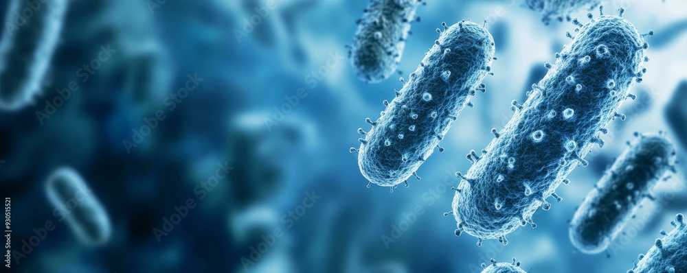 Microscopic view of bacteria cells floating in a blue environment Microscopic view of bacteria cells floating in a blue environment