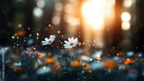 A beautiful scene of white daisies in a sunlit meadow, enhanced with a captivating bokeh effect, capturing the essence of nature's beauty and tranquility in a poetic frame. photo