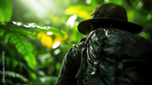 A lone adventurer with a large backpack makes their way through a dense, green jungle, embodying the essence of exploration, discovery, and the wonders of untamed nature. photo