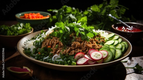 Larb Gai Minced Chicken Salad with Fresh Herbs. Best For Banner, Flyer, and Poster