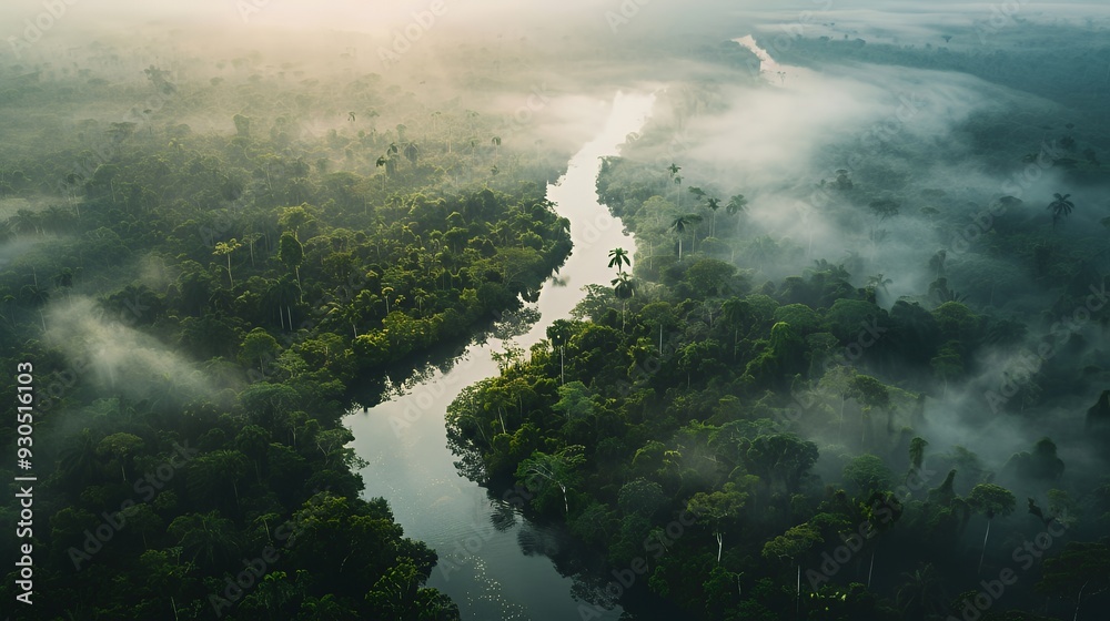 Fototapeta premium Aerial view of a winding river through lush green forest shrouded in mist.