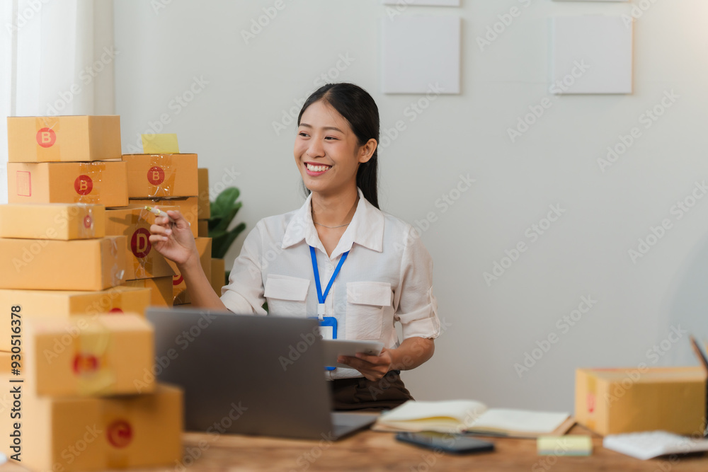 E-commerce Success: A young and confident entrepreneur smiles with pride as she oversees her flourishing online business, surrounded by stacks of ready-to-ship packages, a symbol of her dedication and E-commerce Success: A young and confident entrepreneur smiles with pride as she oversees her flourishing online business, surrounded by stacks of ready-to-ship packages, a symbol of her dedication and