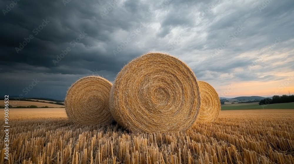 Large round hay bales are scattered across a field, with a dramatic cloudy sky overhead, creating a rustic and atmospheric scene in the countryside at sunset.