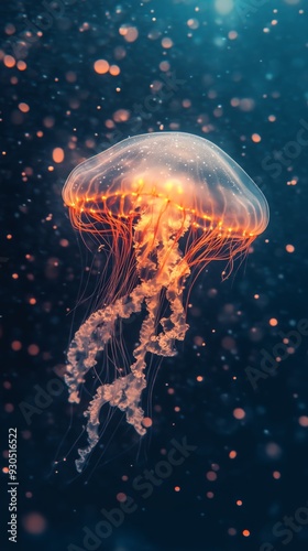 Bioluminescent jellyfish underwater with glowing