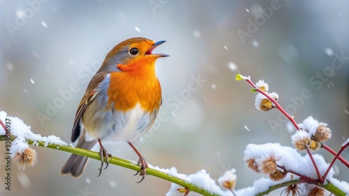 Winter robin singing a sweet tune while perched on a snowy branch