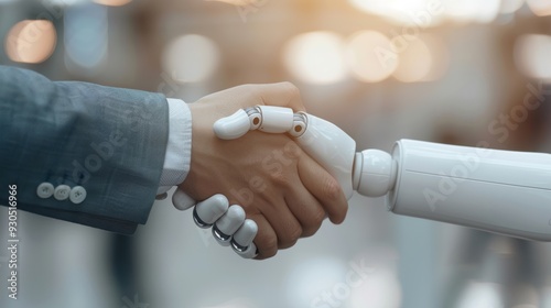 A human and a robot shake hands, symbolizing collaboration between technology and humanity in a modern setting.