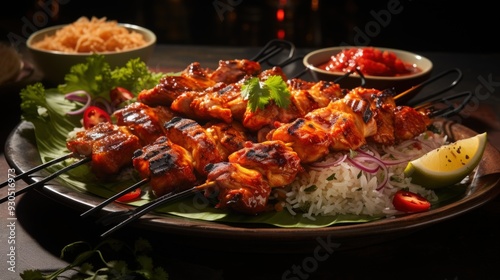 Sate Ayam Chicken Satay with Peanut Sauce. Best For Banner, Flyer, and Poster