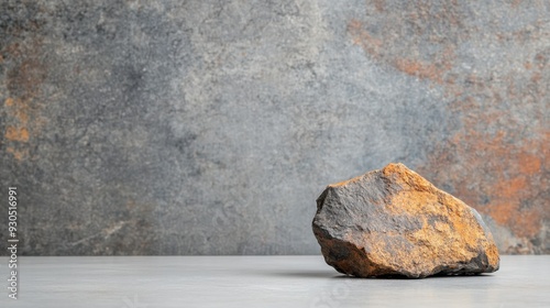 A solitary rock with varied textures and colors sits against a grey background, embodying the essence of minimalism and natural simplicity, highlighting the contrast between elements. photo