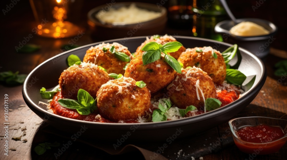 Sicilian Arancini with Marinara Sauce. Best For Banner, Flyer, and Poster Sicilian Arancini with Marinara Sauce. Best For Banner, Flyer, and Poster