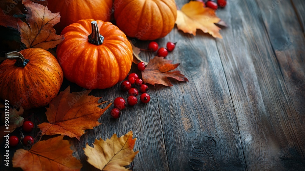 Autumn Harvest: Pumpkins and Leaves on Rustic Wood Autumn Harvest: Pumpkins and Leaves on Rustic Wood