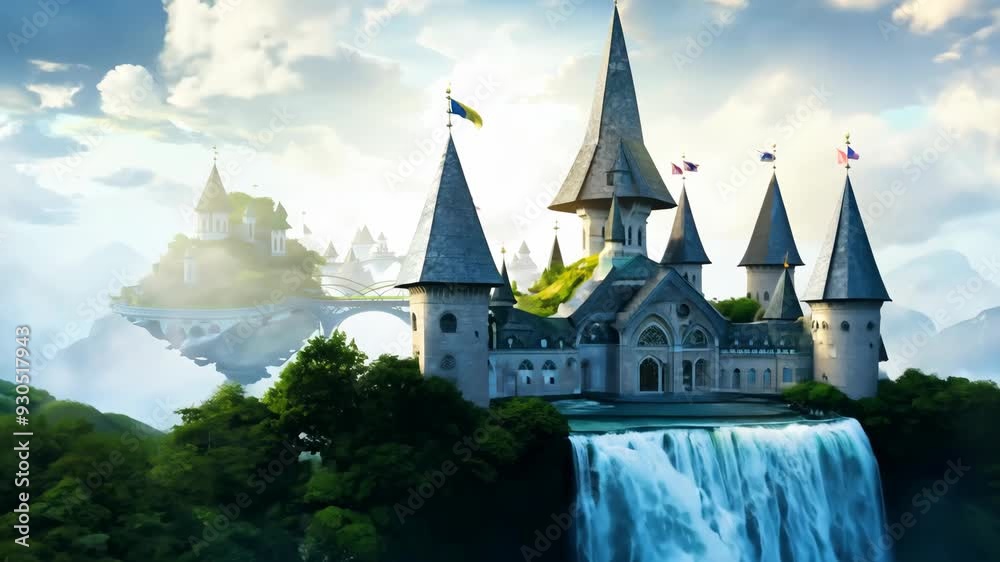 Majestic castle atop a waterfall surrounded by lush greenery at sunrise Majestic castle atop a waterfall surrounded by lush greenery at sunrise