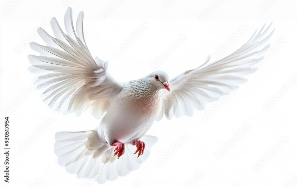 A graceful white dove in mid-flight, wings spread wide. Symbolizes peace and hope against a soft white background. A graceful white dove in mid-flight, wings spread wide. Symbolizes peace and hope against a soft white background.