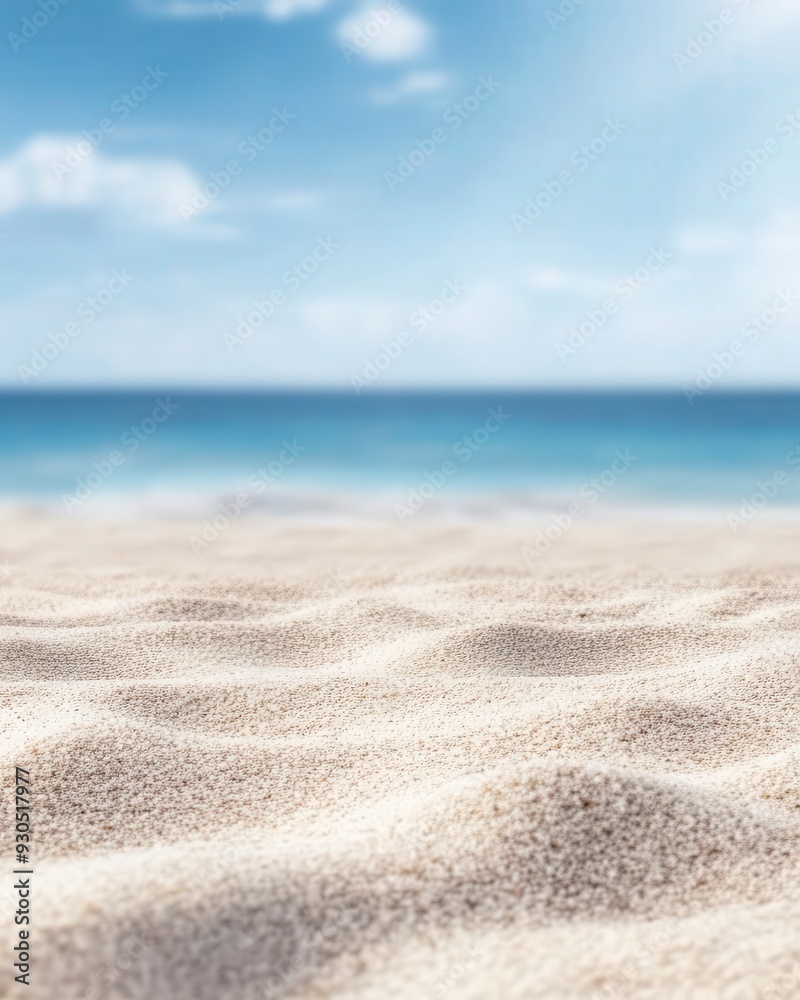 Serene beach scene with soft sand and a calm blue ocean under a bright sky, perfect for themes of relaxation, summer, and tranquility.