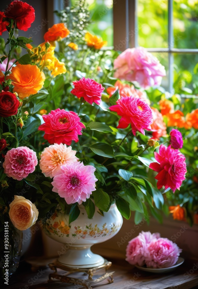 Obraz premium vibrant floral arrangements illuminated sunlight showcasing colorful blooms lush greenery fresh bright atmosphere, flowers, petals, nature, garden, beauty