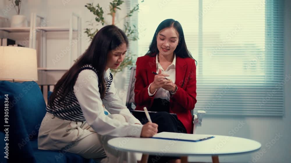 Two businesswomen are having a pleasant conversation in the office. They are sitting on a couch and at a table, and they are both smiling and laughing Two businesswomen are having a pleasant conversation in the office. They are sitting on a couch and at a table, and they are both smiling and laughing