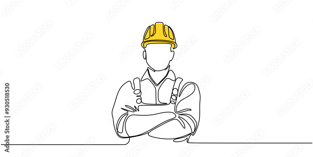 Single continuous line drawing of young construction worker. Building architecture business concept. One line draw design vector	
