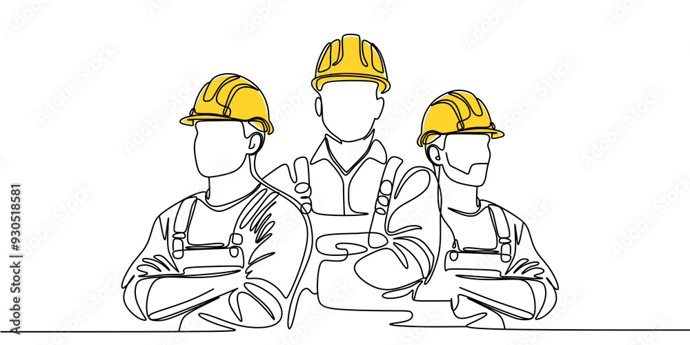 © Natvc - One line drawing of male building builder groups wearing helmet. Great team work concept. Trendy continuous line draw design graphic vector illustration © Natvc - One line drawing of male building builder groups wearing helmet. Great team work concept. Trendy continuous line draw design graphic vector illustration