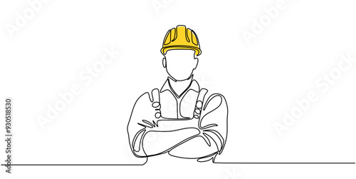 Single continuous line drawing of young construction worker. Building architecture business concept. One line draw design vector	
