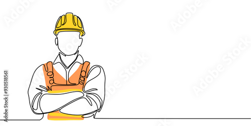 Single continuous line drawing of young construction worker. Building architecture business concept. One line draw design vector	

