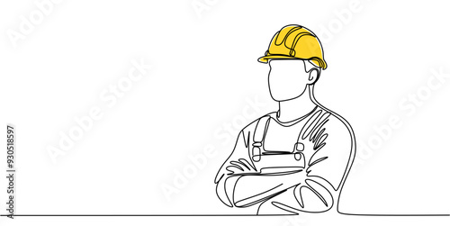 Single continuous line drawing of young construction worker. Building architecture business concept. One line draw design vector	
