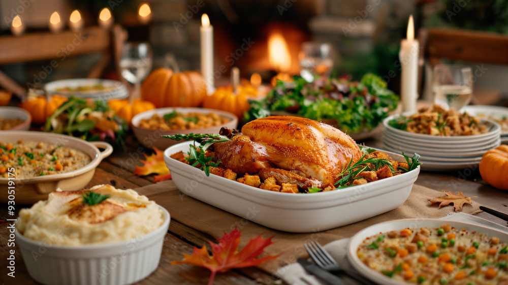 Thanksgiving dinner feast with roasted turkey and autumnal side dishes Thanksgiving dinner feast with roasted turkey and autumnal side dishes
