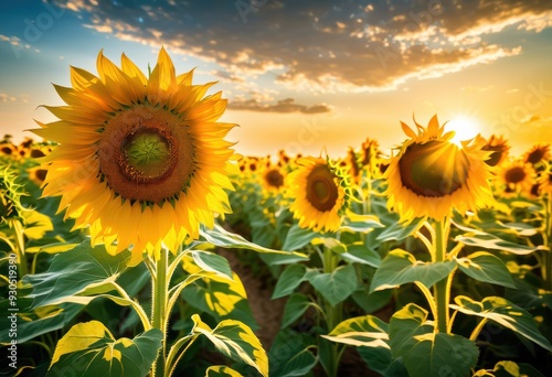 stunning vibrant sunflower fields stretching under clear blue sky bright yellow blooms lush green leaves, agriculture, botanical, bounty, cheerful photo