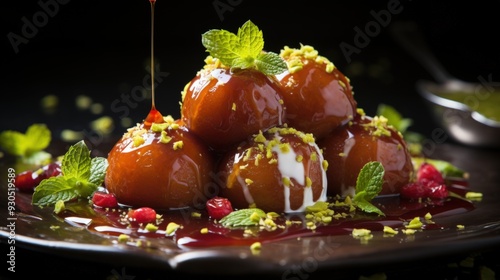 Gulab Jamun with Pistachio Garnish. Best For Banner, Flyer, and Poster photo