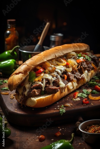 Philly Cheesesteak Sandwich with Onions and Peppers. Best For Banner, Flyer, and Poster