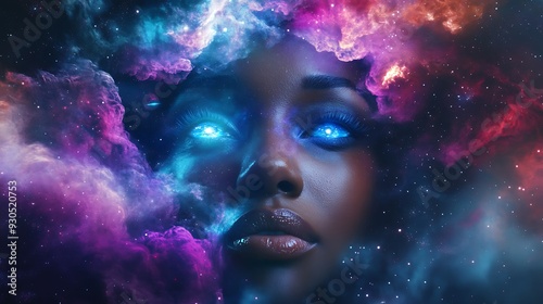 Cosmic Goddess - Black woman with celestial blue eyes surrounded by nebula clouds and stars, against galactic background, 3D render.