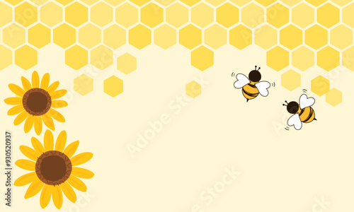 Beehive honey sign with hexagon grid cells, sunflower and bee cartoons on yellow background vector.