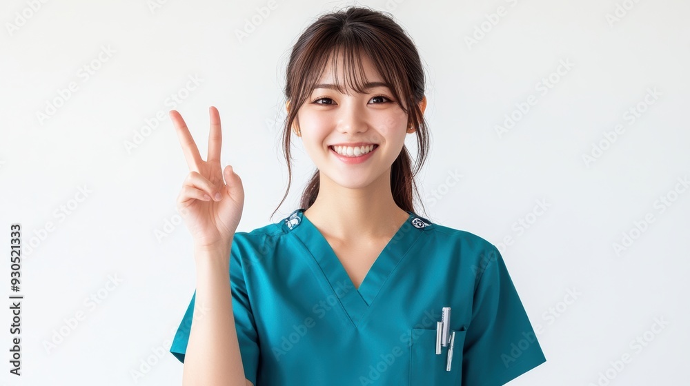 A young Asian nurse radiates positivity in teal scrubs, smiling with her hand in her pocket while looking at the camera against a white background. A young Asian nurse radiates positivity in teal scrubs, smiling with her hand in her pocket while looking at the camera against a white background.