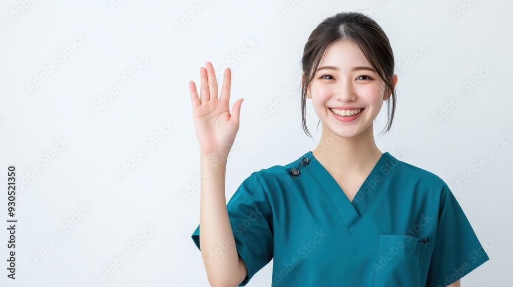 A young Asian nurse radiates positivity in teal scrubs, smiling with her hand in her pocket while looking at the camera against a white background. A young Asian nurse radiates positivity in teal scrubs, smiling with her hand in her pocket while looking at the camera against a white background.
