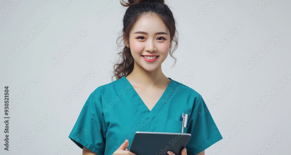 A young Asian nurse radiates positivity in teal scrubs, smiling with her hand in her pocket while looking at the camera against a white background. A young Asian nurse radiates positivity in teal scrubs, smiling with her hand in her pocket while looking at the camera against a white background.